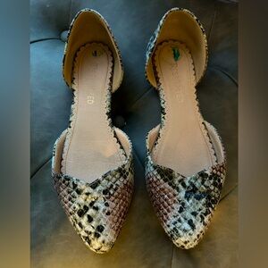 Restricted Snake Print Pointed Toe Flats in Brown and Cream